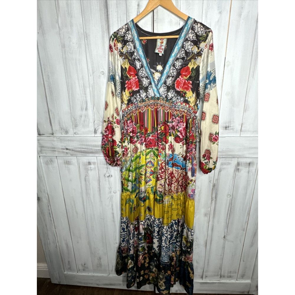 Johnny Was Dibble Mixed Print Floral Long Bell Sleeve Silk Tiered Maxi Dress S
